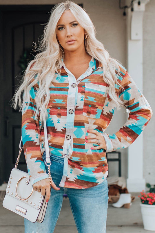 DLLS54 - Multicolor Aztec Print Buttoned Pocket Chest Long Sleeve Shirt