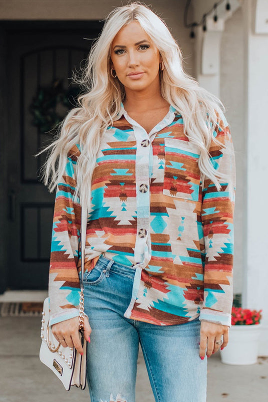 DLLS54 - Multicolor Aztec Print Buttoned Pocket Chest Long Sleeve Shirt