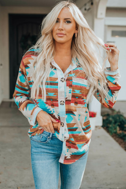 DLLS54 - Multicolor Aztec Print Buttoned Pocket Chest Long Sleeve Shirt