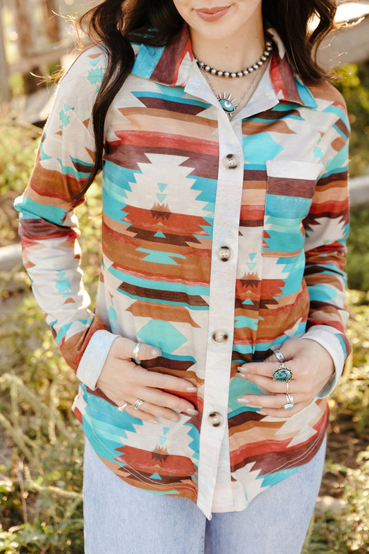 DLLS54 - Multicolor Aztec Print Buttoned Pocket Chest Long Sleeve Shirt