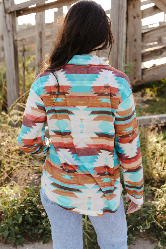 DLLS54 - Multicolor Aztec Print Buttoned Pocket Chest Long Sleeve Shirt