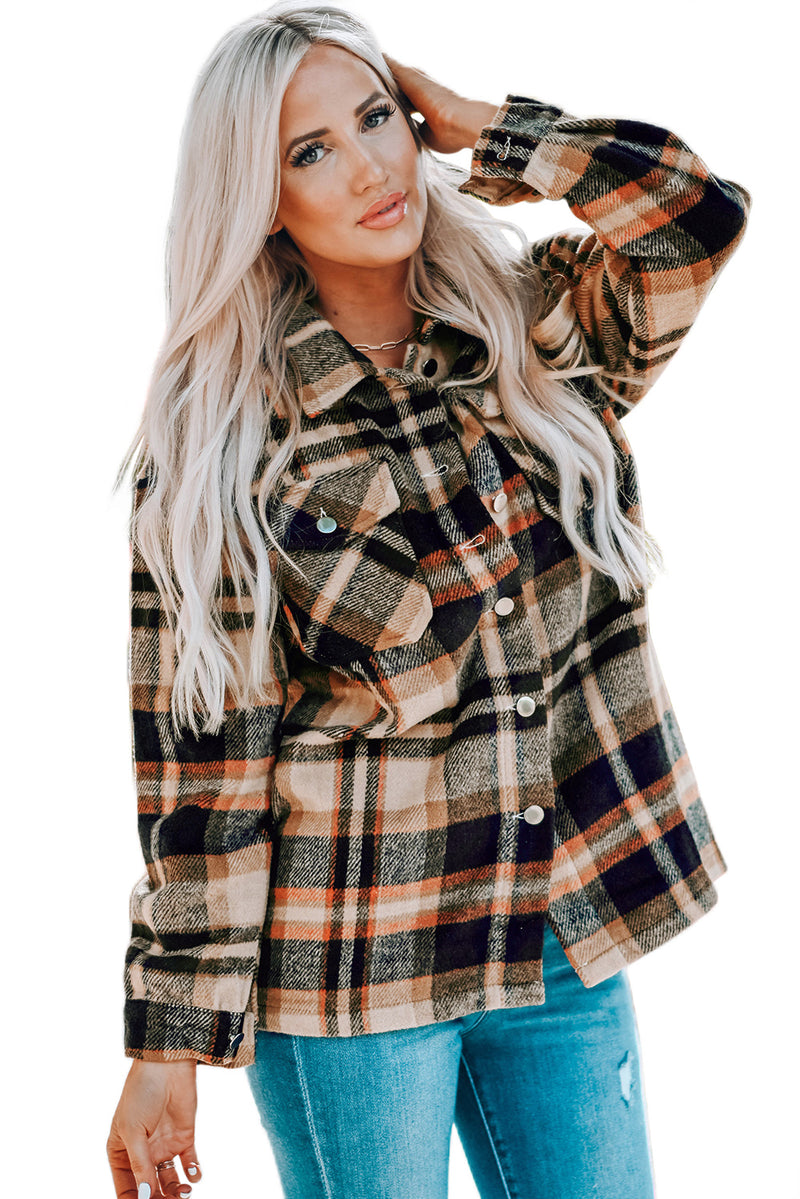 Load image into Gallery viewer, DLLS57 - Orange Geometric Plaid Print Pocketed Shacket
