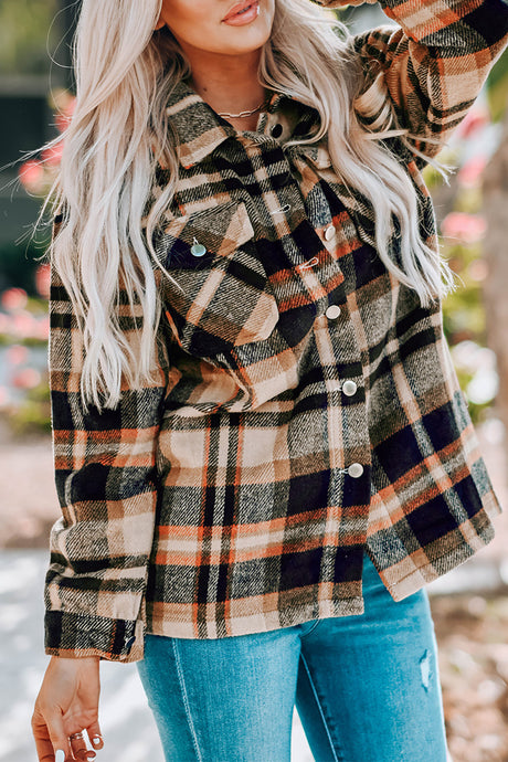 DLLS57 - Orange Geometric Plaid Print Pocketed Shacket