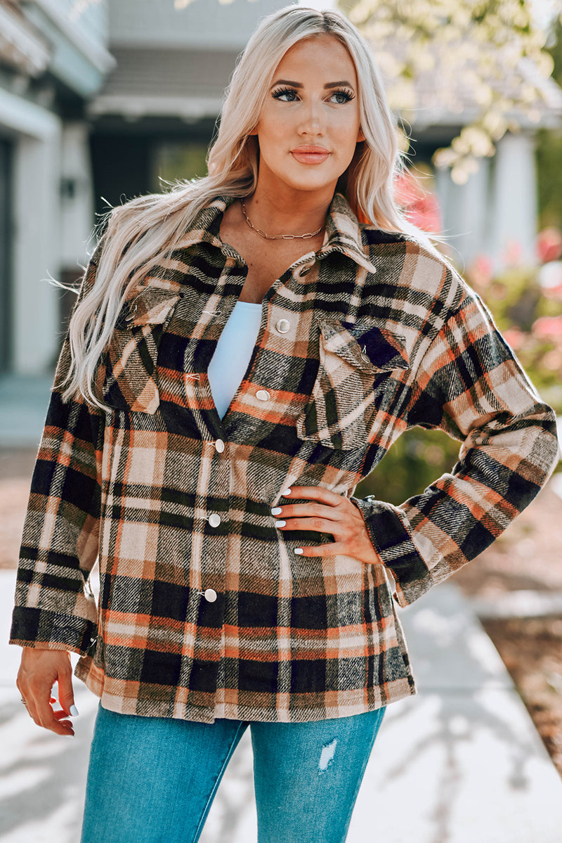 Load image into Gallery viewer, DLLS57 - Orange Geometric Plaid Print Pocketed Shacket
