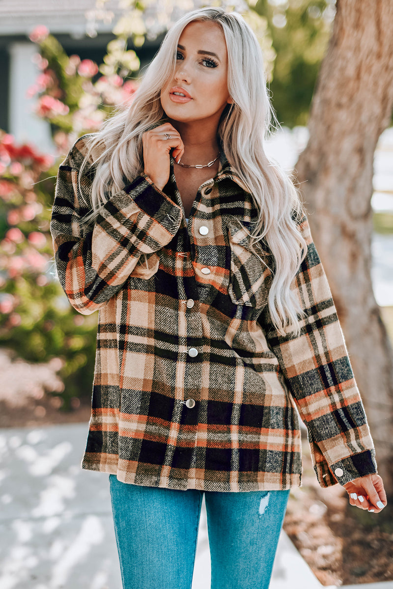 Load image into Gallery viewer, DLLS57 - Orange Geometric Plaid Print Pocketed Shacket
