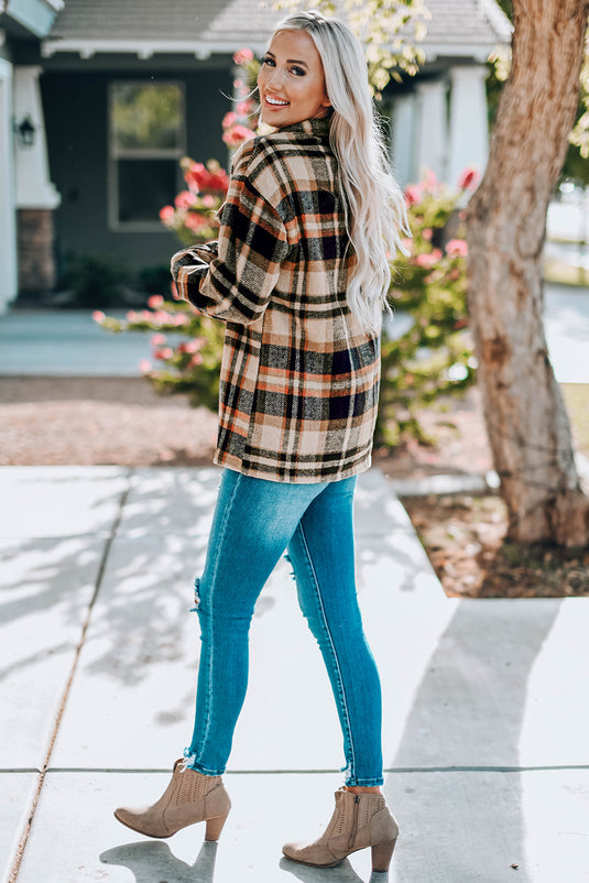 DLLS57 - Orange Geometric Plaid Print Pocketed Shacket