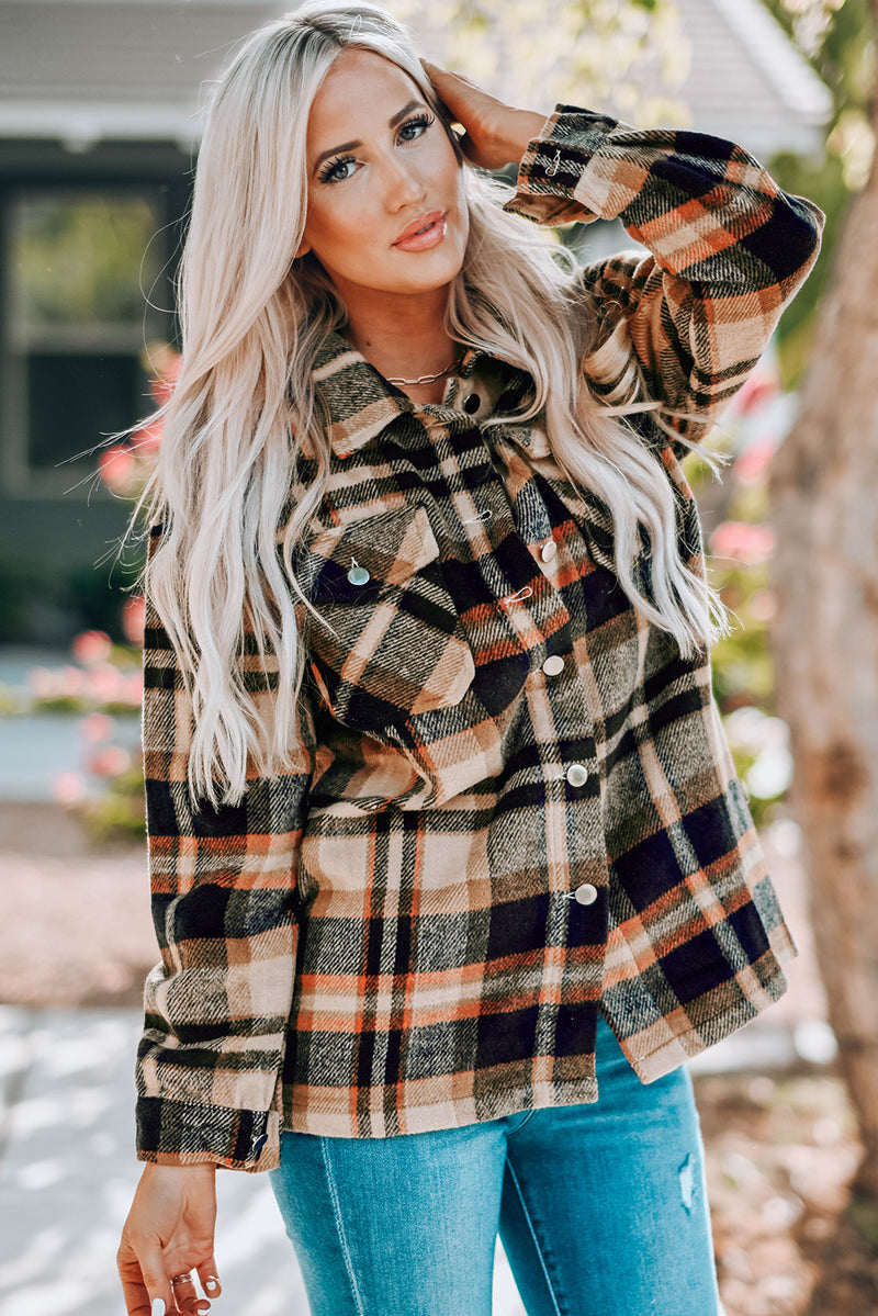 Load image into Gallery viewer, DLLS57 - Orange Geometric Plaid Print Pocketed Shacket

