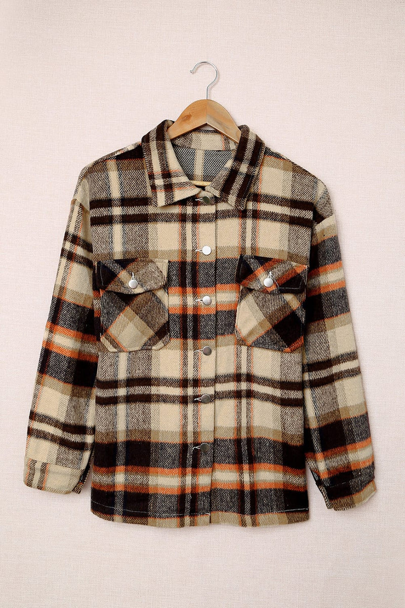 Load image into Gallery viewer, DLLS57 - Orange Geometric Plaid Print Pocketed Shacket
