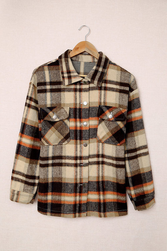 DLLS57 - Orange Geometric Plaid Print Pocketed Shacket