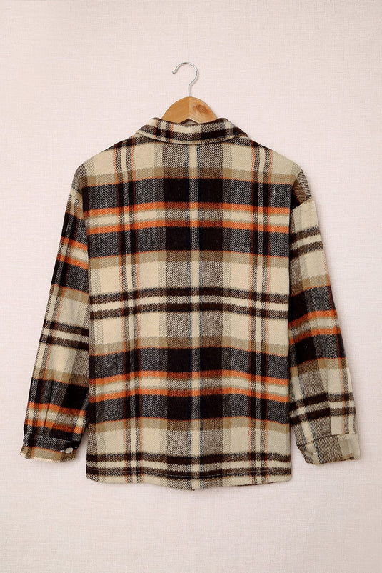 DLLS57 - Orange Geometric Plaid Print Pocketed Shacket