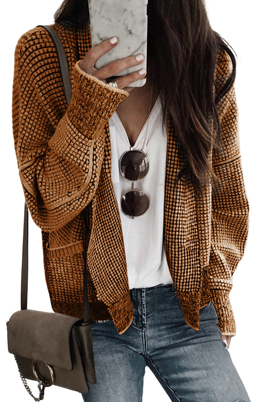 DLLS37 -Brown Chunky Waffle Knit Oversized Collar Cardigan