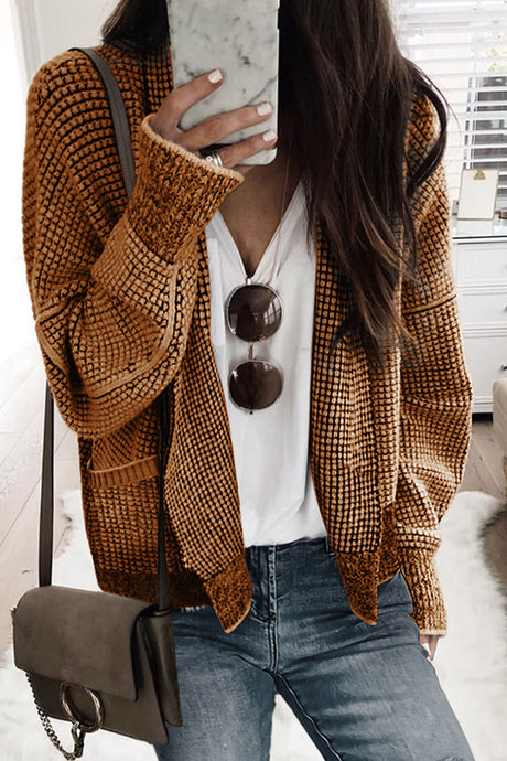 DLLS37 -Brown Chunky Waffle Knit Oversized Collar Cardigan