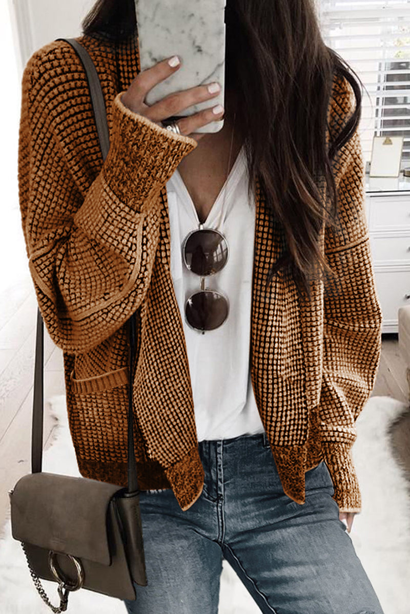 Load image into Gallery viewer, DLLS37 -Brown Chunky Waffle Knit Oversized Collar Cardigan
