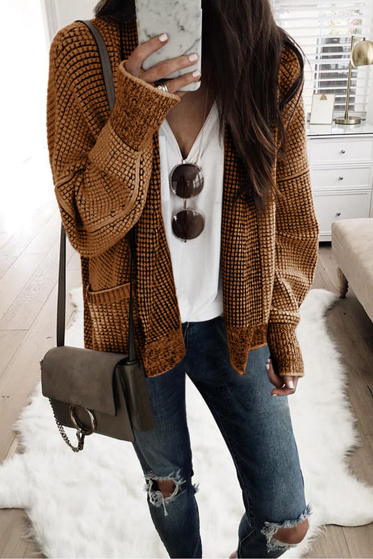 DLLS37 -Brown Chunky Waffle Knit Oversized Collar Cardigan
