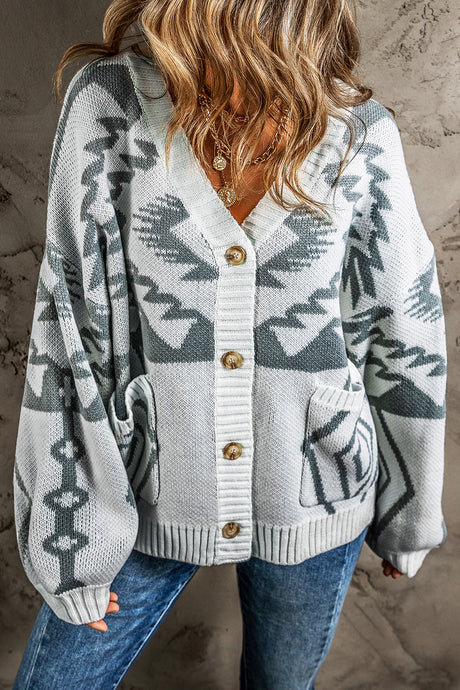 DLLS48 -Light Grey Geometric Pattern Ribbed Trim Button-Up Cardigan