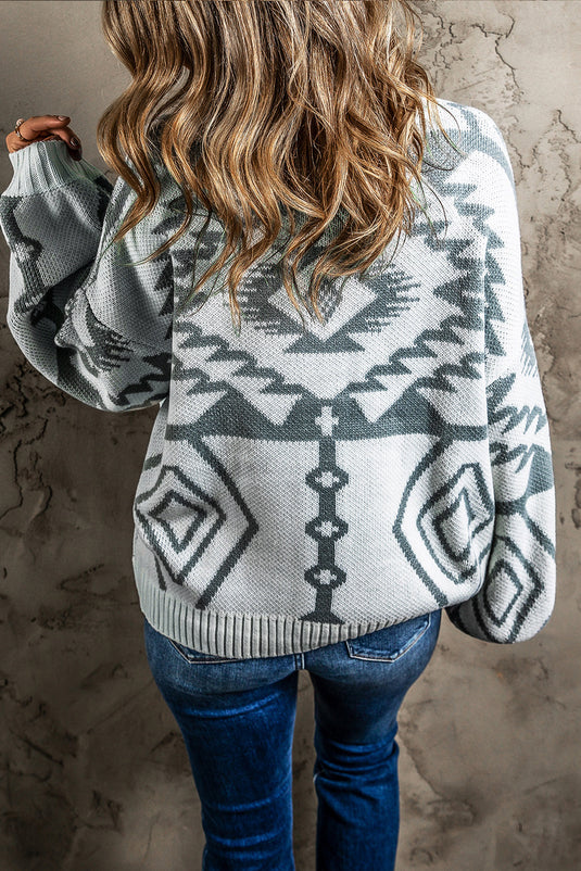DLLS48 -Light Grey Geometric Pattern Ribbed Trim Button-Up Cardigan