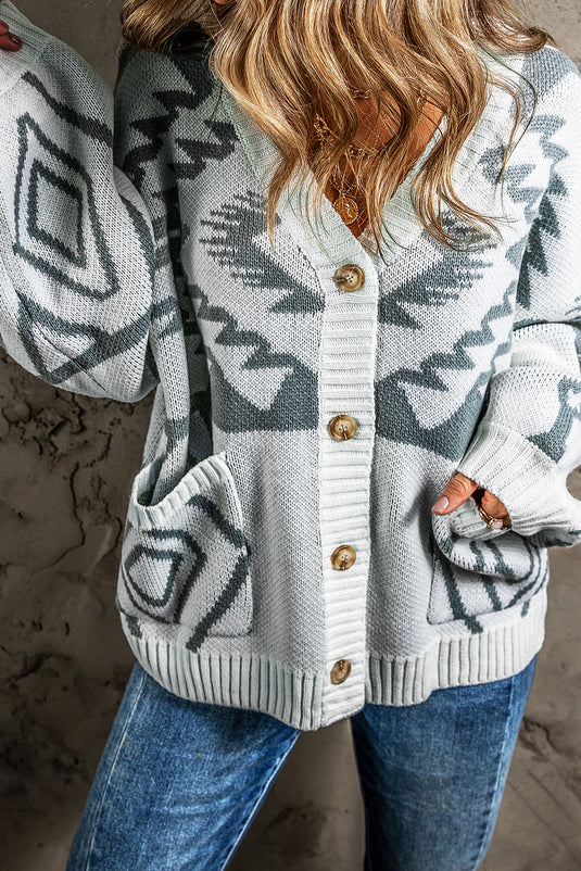DLLS48 -Light Grey Geometric Pattern Ribbed Trim Button-Up Cardigan