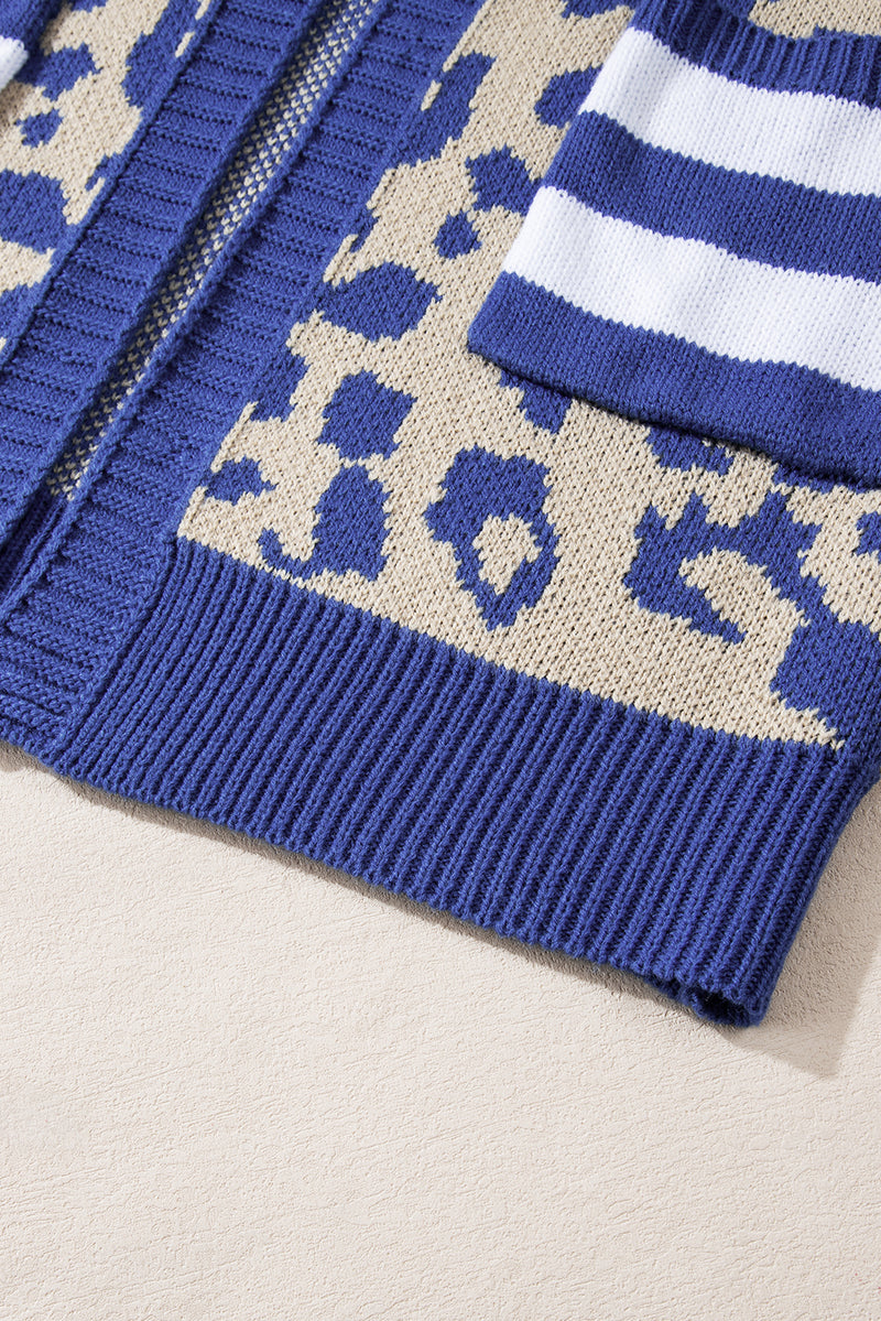 Load image into Gallery viewer, DLLS41 -Dark Blue Stripe Sleeve Leopard Print Open Front Cardigan With Pockets
