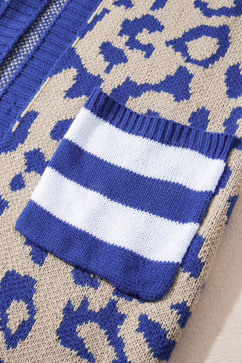 Load image into Gallery viewer, DLLS41 -Dark Blue Stripe Sleeve Leopard Print Open Front Cardigan With Pockets
