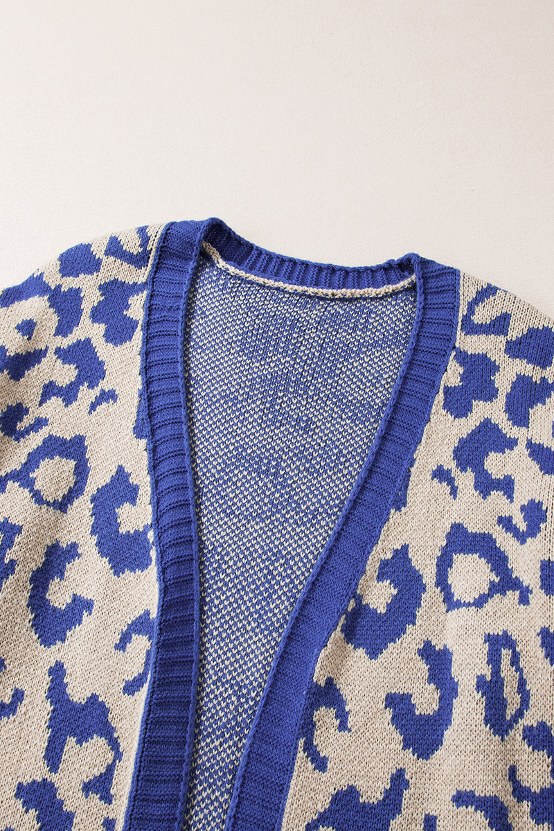 Load image into Gallery viewer, DLLS41 -Dark Blue Stripe Sleeve Leopard Print Open Front Cardigan With Pockets

