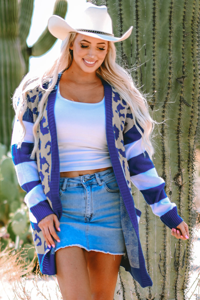 Load image into Gallery viewer, DLLS41 -Dark Blue Stripe Sleeve Leopard Print Open Front Cardigan With Pockets
