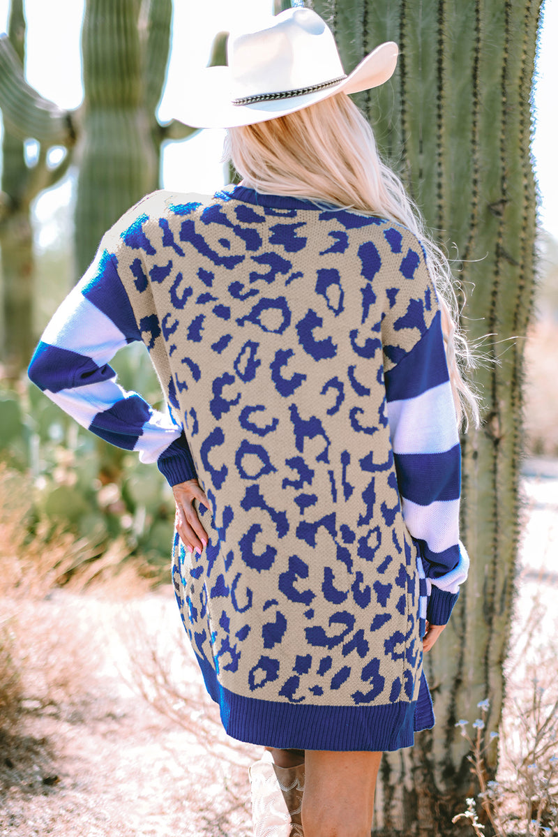 Load image into Gallery viewer, DLLS41 -Dark Blue Stripe Sleeve Leopard Print Open Front Cardigan With Pockets
