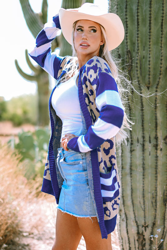 DLLS41 -Dark Blue Stripe Sleeve Leopard Print Open Front Cardigan With Pockets