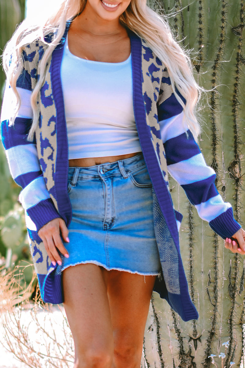 Load image into Gallery viewer, DLLS41 -Dark Blue Stripe Sleeve Leopard Print Open Front Cardigan With Pockets
