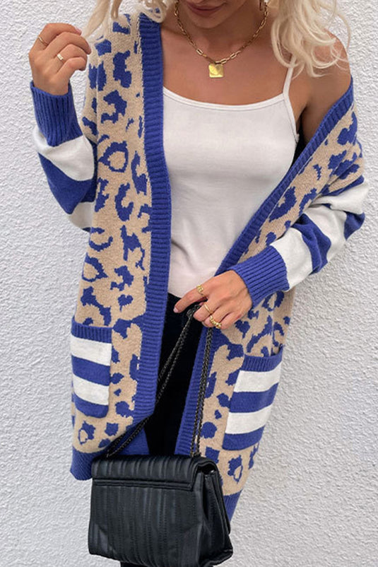 DLLS41 -Dark Blue Stripe Sleeve Leopard Print Open Front Cardigan With Pockets