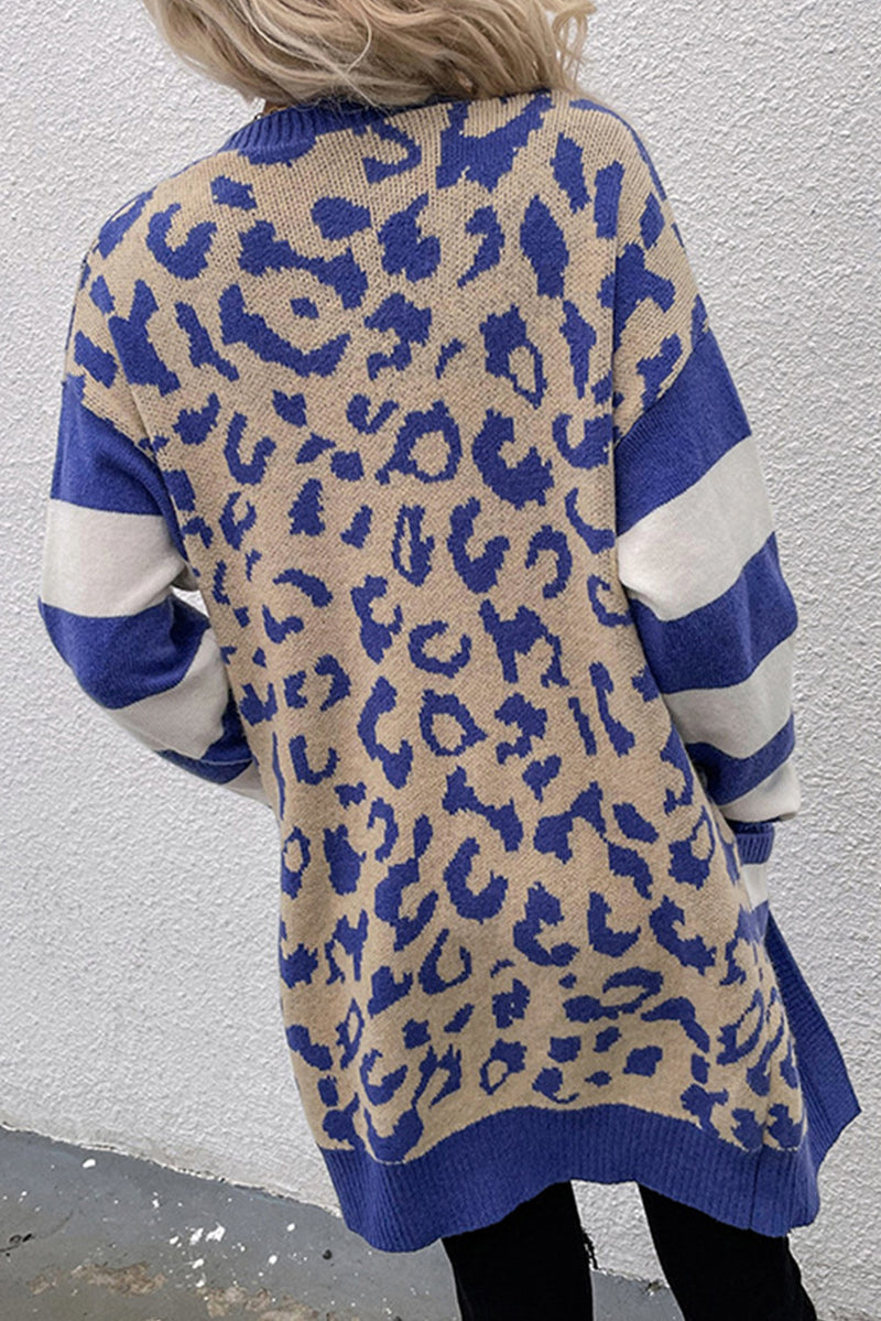 Load image into Gallery viewer, DLLS41 -Dark Blue Stripe Sleeve Leopard Print Open Front Cardigan With Pockets
