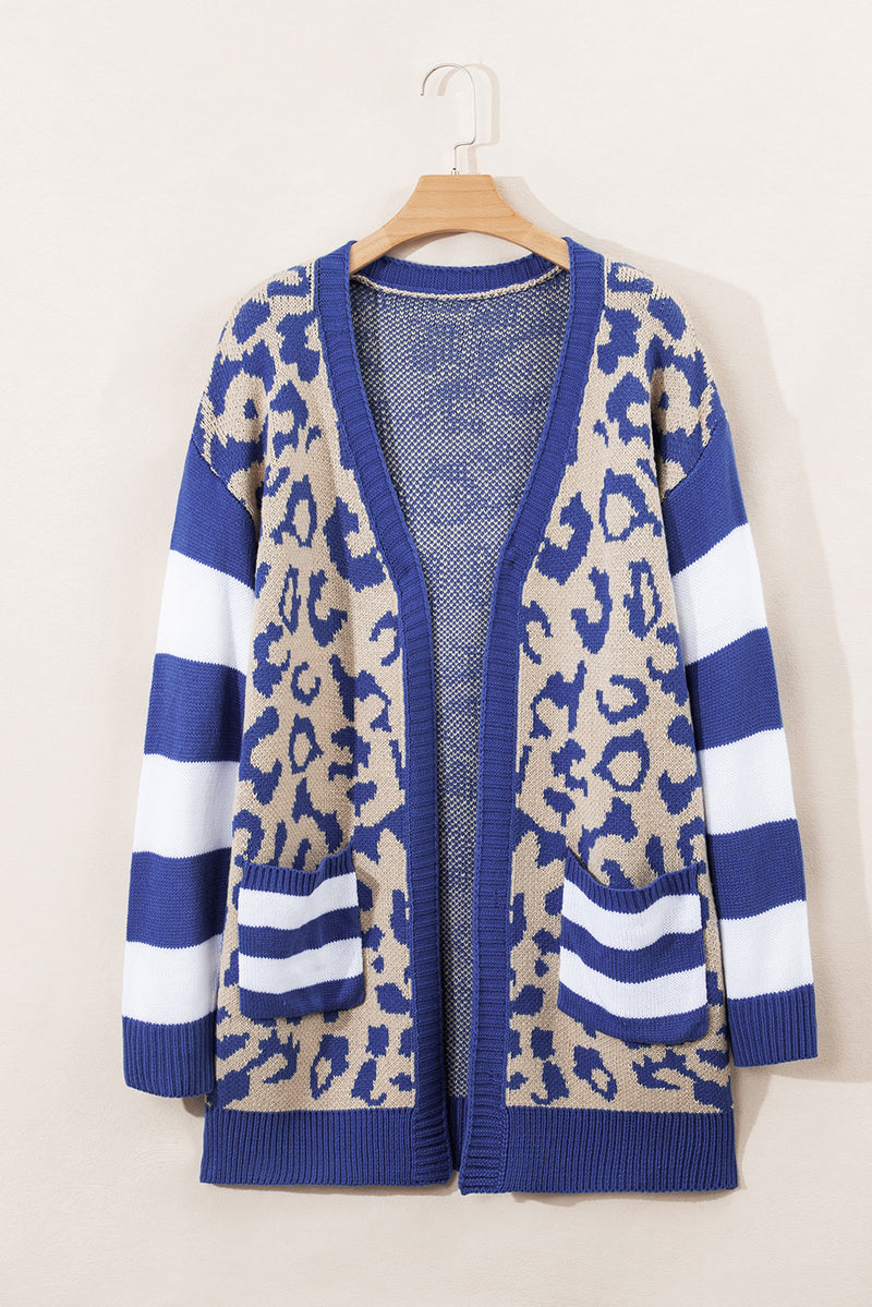 Load image into Gallery viewer, DLLS41 -Dark Blue Stripe Sleeve Leopard Print Open Front Cardigan With Pockets
