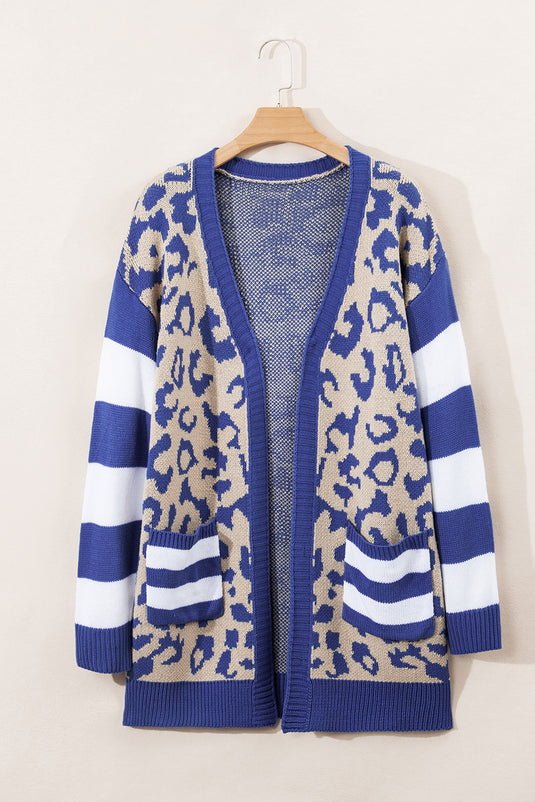 DLLS41 -Dark Blue Stripe Sleeve Leopard Print Open Front Cardigan With Pockets