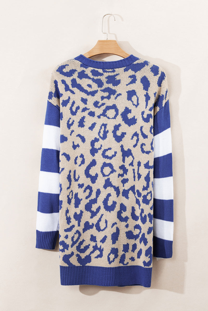 Load image into Gallery viewer, DLLS41 -Dark Blue Stripe Sleeve Leopard Print Open Front Cardigan With Pockets

