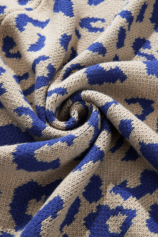 DLLS41 -Dark Blue Stripe Sleeve Leopard Print Open Front Cardigan With Pockets