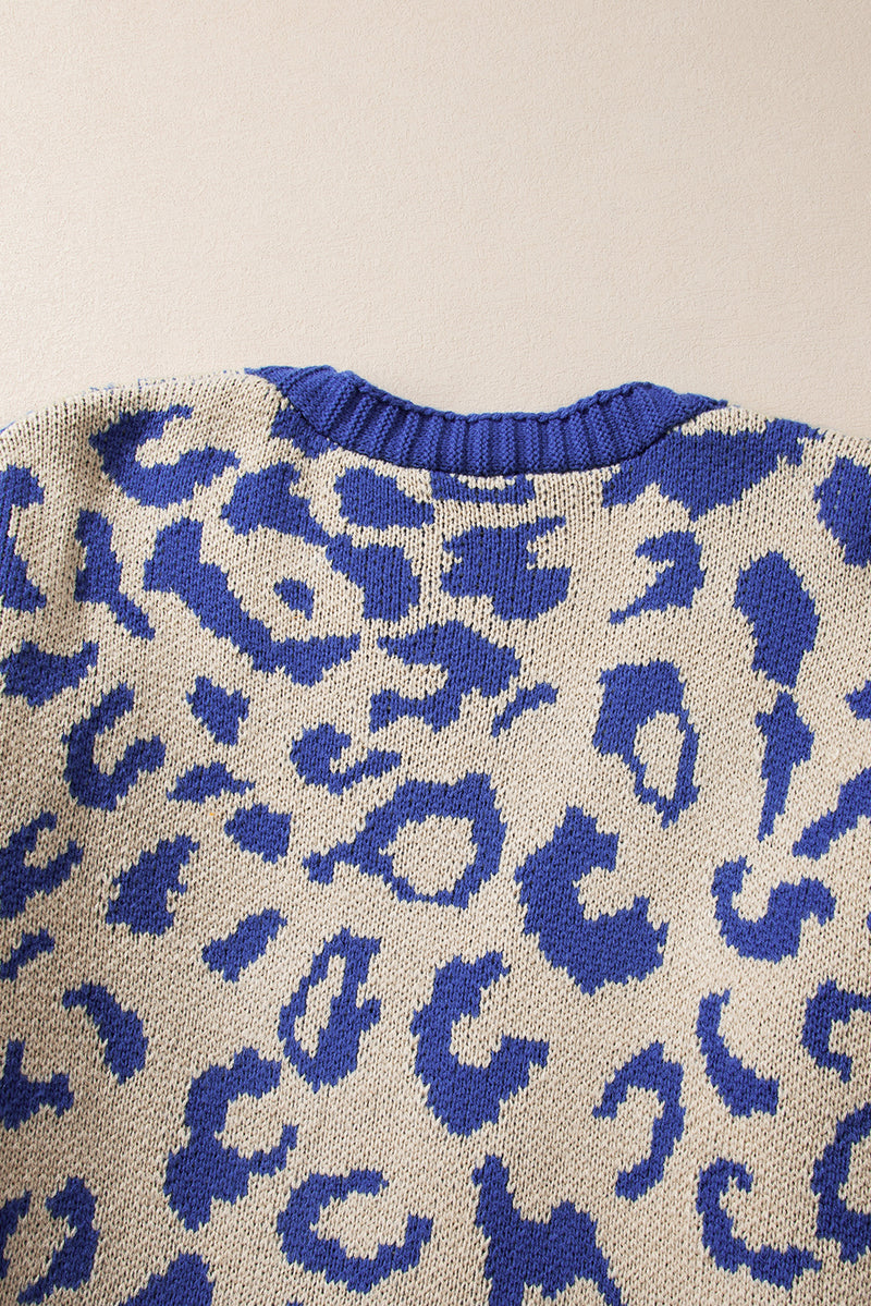 Load image into Gallery viewer, DLLS41 -Dark Blue Stripe Sleeve Leopard Print Open Front Cardigan With Pockets
