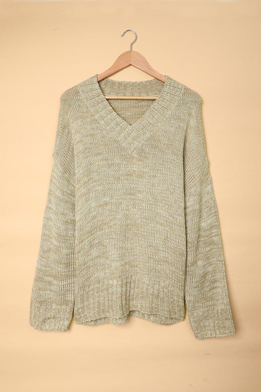 DLLS35 - Gray V Neck Drop Shoulder Knitted Sweater