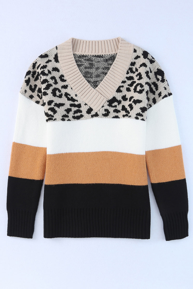 Load image into Gallery viewer, DLLS95 - Khaki Leopard Color Block Long Sleeve Sweater
