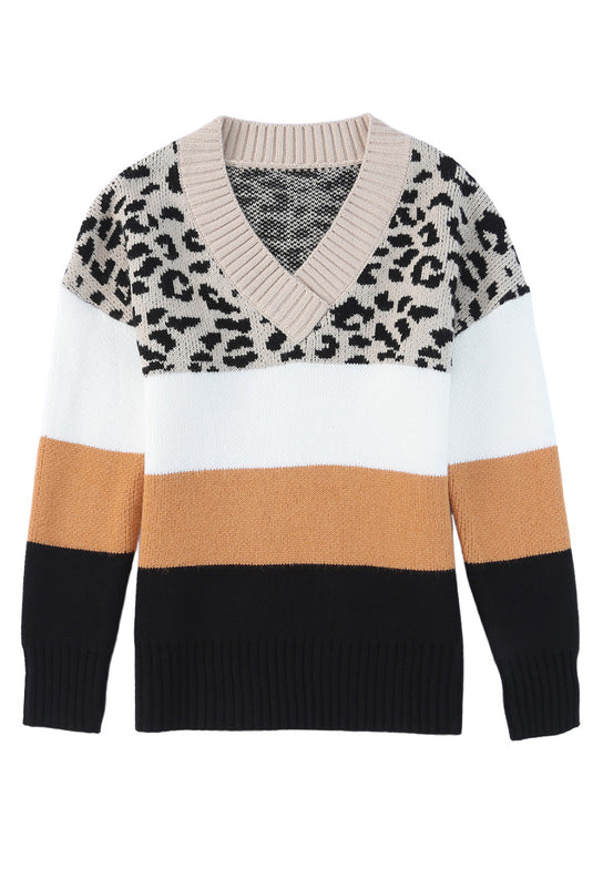 DLLS95 - Khaki Leopard Color Block Long Sleeve Sweater