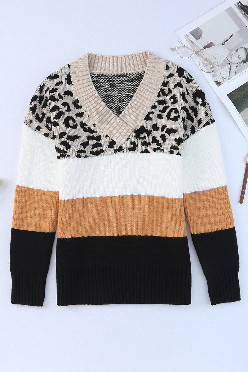 Load image into Gallery viewer, DLLS95 - Khaki Leopard Color Block Long Sleeve Sweater
