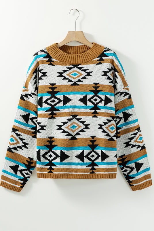 DLLS81 - Brown Aztec Striped Knit Ribbed Trim Sweater