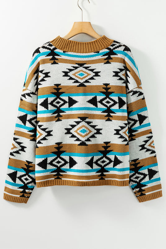 DLLS81 - Brown Aztec Striped Knit Ribbed Trim Sweater