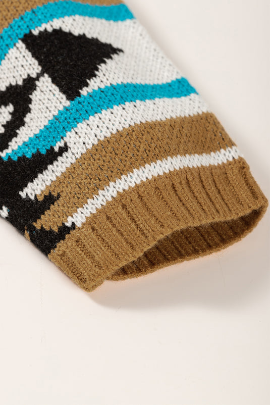 DLLS81 - Brown Aztec Striped Knit Ribbed Trim Sweater