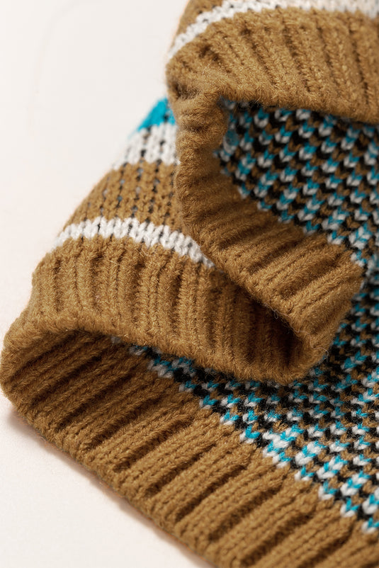 DLLS81 - Brown Aztec Striped Knit Ribbed Trim Sweater