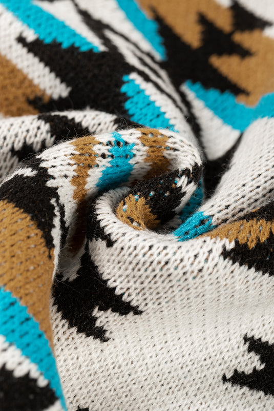 DLLS81 - Brown Aztec Striped Knit Ribbed Trim Sweater