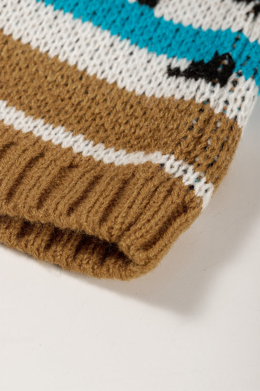 DLLS81 - Brown Aztec Striped Knit Ribbed Trim Sweater