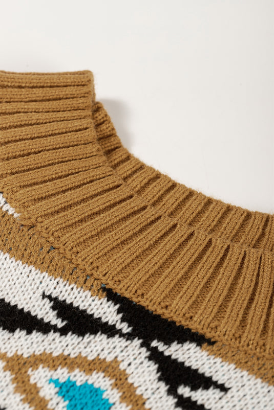 DLLS81 - Brown Aztec Striped Knit Ribbed Trim Sweater