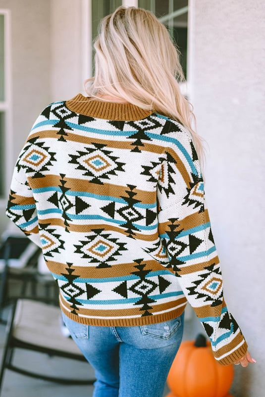 DLLS81 - Brown Aztec Striped Knit Ribbed Trim Sweater