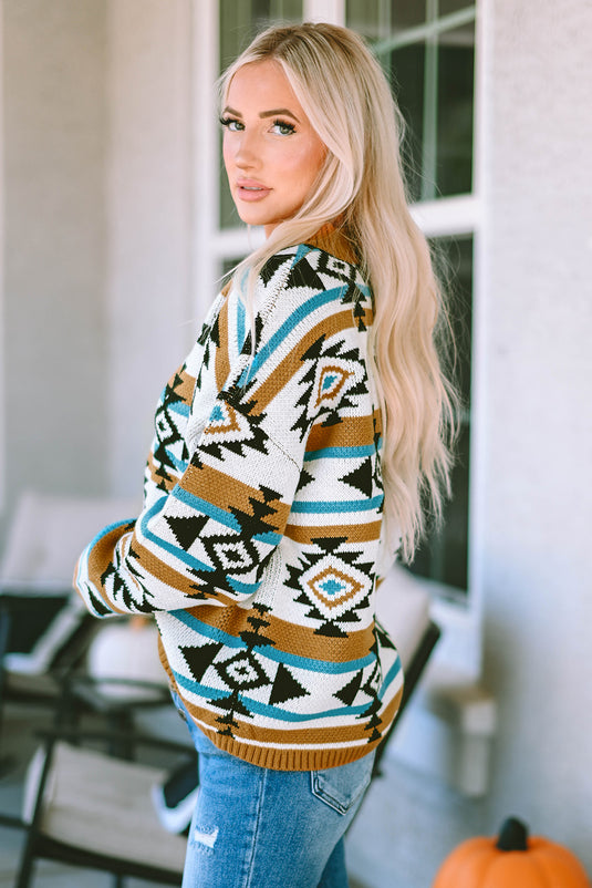 DLLS81 - Brown Aztec Striped Knit Ribbed Trim Sweater