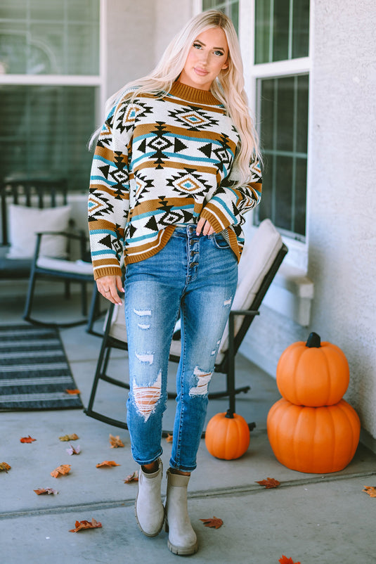 DLLS81 - Brown Aztec Striped Knit Ribbed Trim Sweater