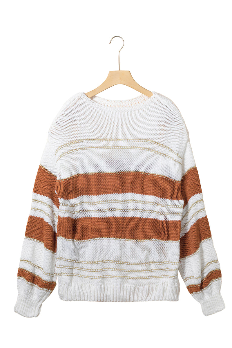 Load image into Gallery viewer, DLLS38 -White Striped Knit Puff Sleeve Casual Sweater
